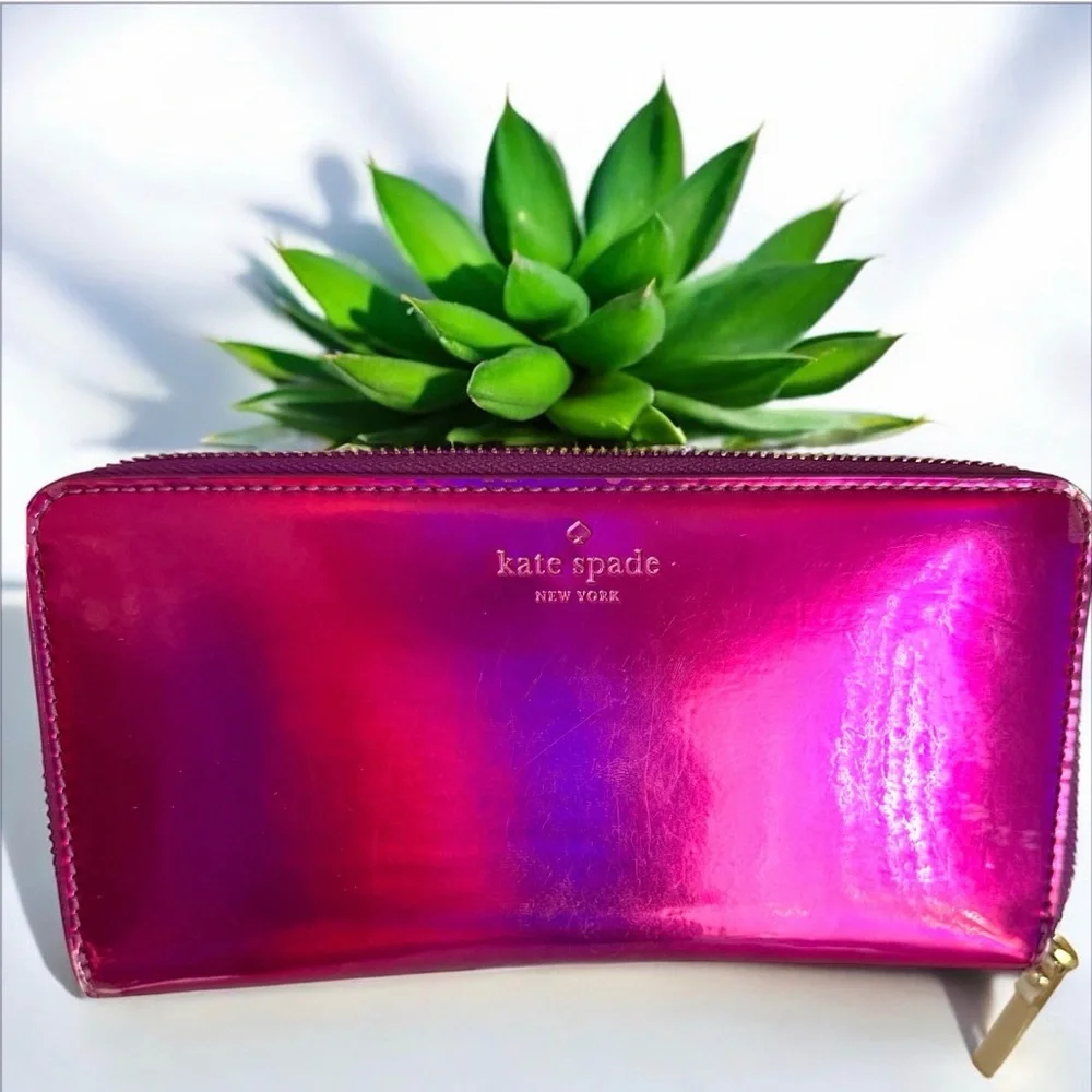 Kate Spade Fuchsia Metallic zip around wallet with Storybook Lining Rare find
